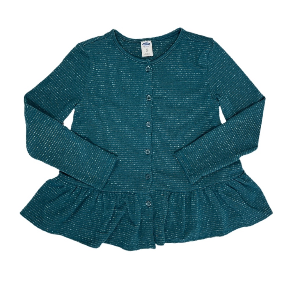 Old Navy Hunter Green Peplum Button Down Cardigan with Gold Stripes SZ 5T